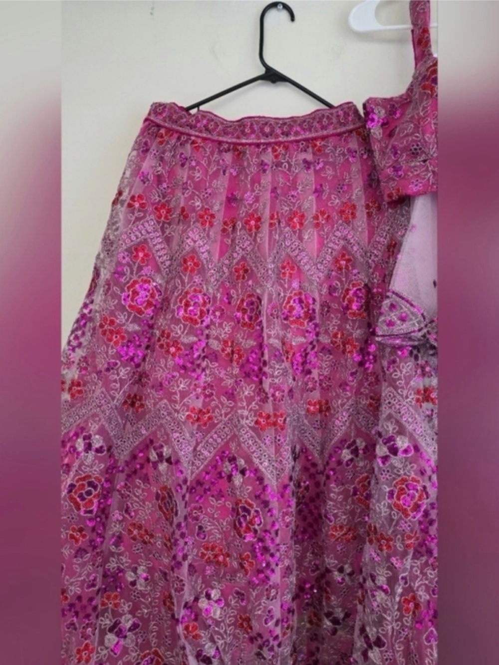Rose Pink Net Sequins embroidered Flared Style Lehenga Choli - size 6 - Picture 4 of 7